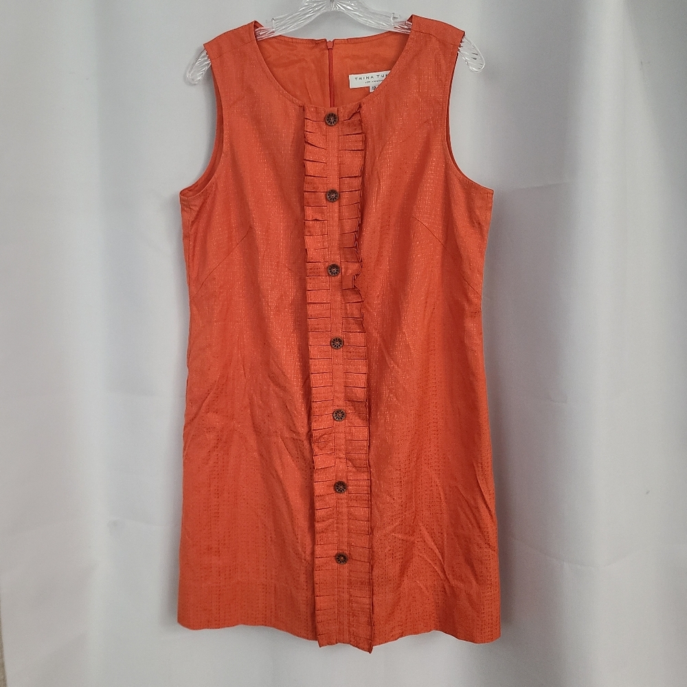 Trina Turk Sz 12 Orange Ruffle Front Silk Cotton Blend Sleeveless Sheath Dress